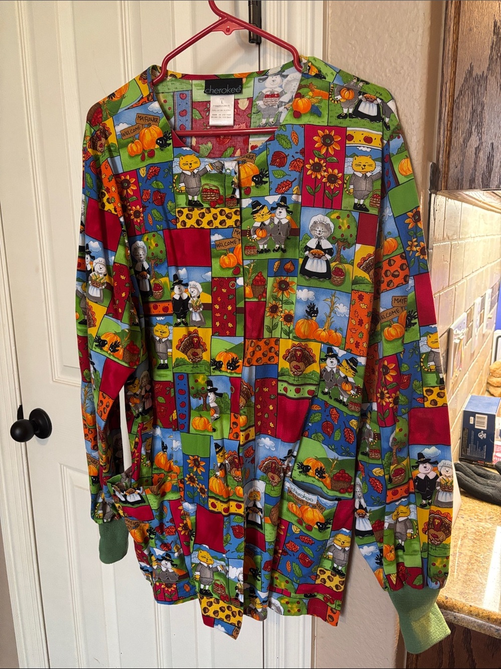 Cherokee Multicolor Thanksgiving Patchwork Scrub Top